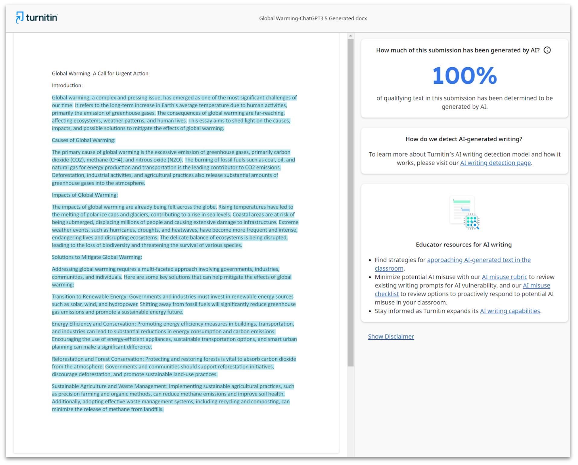 AI Detector returns a 100% score of AI generation for a submission