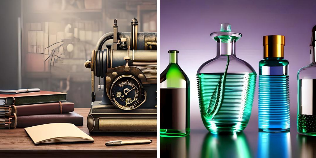 Left picture - old machinery, books, a notepad and pen. Right picture - colorful liquids within differently shaped glass bottles. 