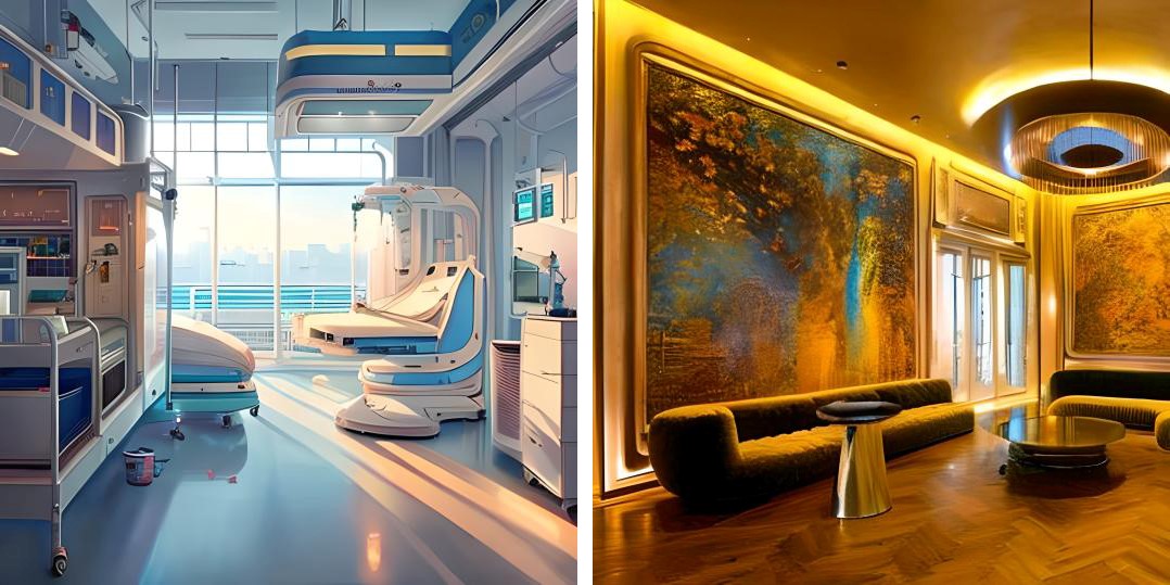 Left picture - Hospital looking room with a modern bed, a window, and monitors. Right picture - Lounge area within a building with a large painting, two couches, a table, and chandelier. 