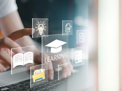 Concept of Online education. man use Online education training and e-learning webinar on internet for personal development and professional qualifications. Digital courses to develop new skills.