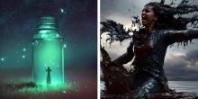 (Left picture) - Person standing in large jar with lights in a starry night sky and on grass.  (Right picture) - Yelling woman with black clothes and hair that looks like pain on the water in a cloudy sky. 
